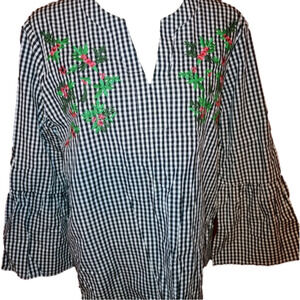 Gingham Peasant Blouse Embroidered Floral M